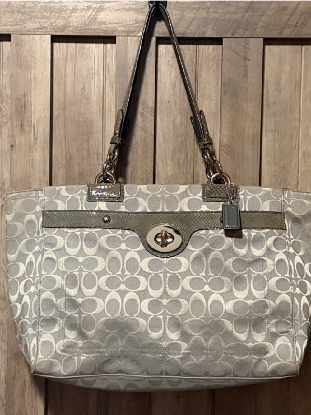Coach Signature Penelope Optic in Gray/Silver Snake Embossed Trim Shoulder Bag